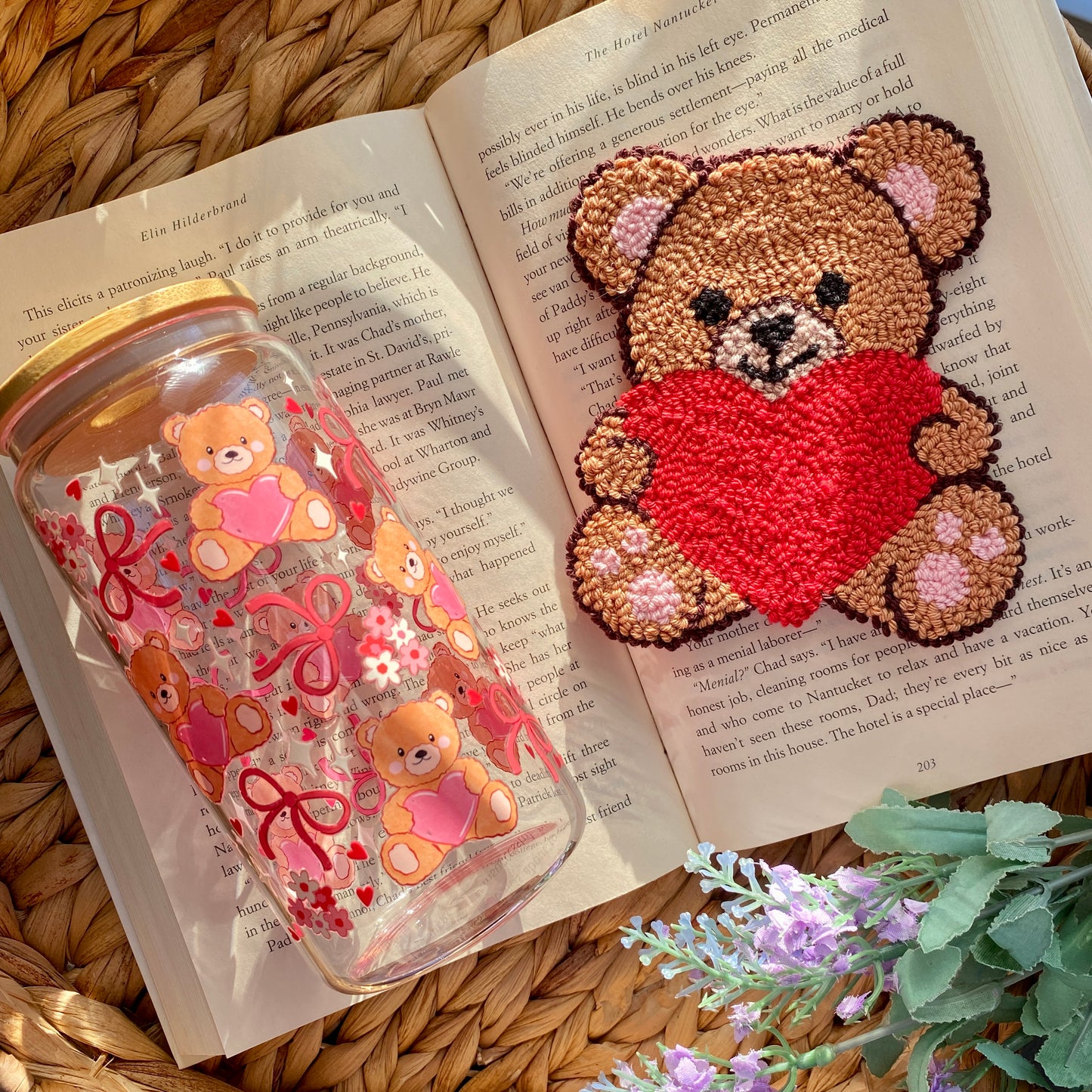 Bundle Gift | Bear Hearts Bows Valentines | Glass Cup | Handmade | Unique Gift | Iced Coffee | Matcha | Simple | Handmade Punch Needle Coaster