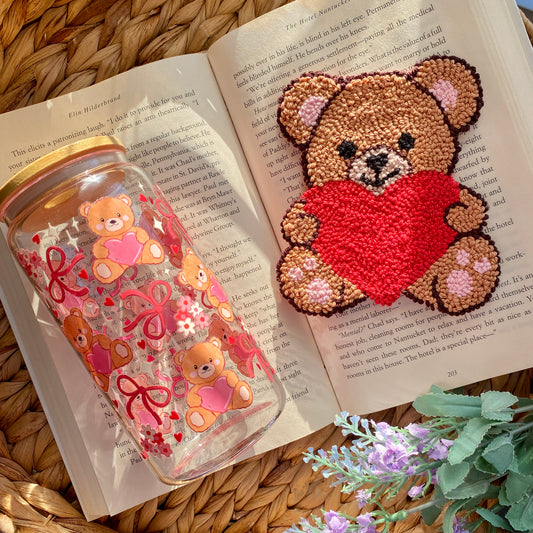 Bundle Gift | Bear Hearts Bows Valentines | Glass Cup | Handmade | Unique Gift | Iced Coffee | Matcha | Simple | Handmade Punch Needle Coaster