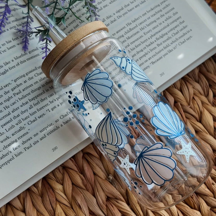 Blue Cute Coastal Beach Shell Summer Glass Cup | Handmade | Unique Gift | Iced Coffee | Matcha | Simple