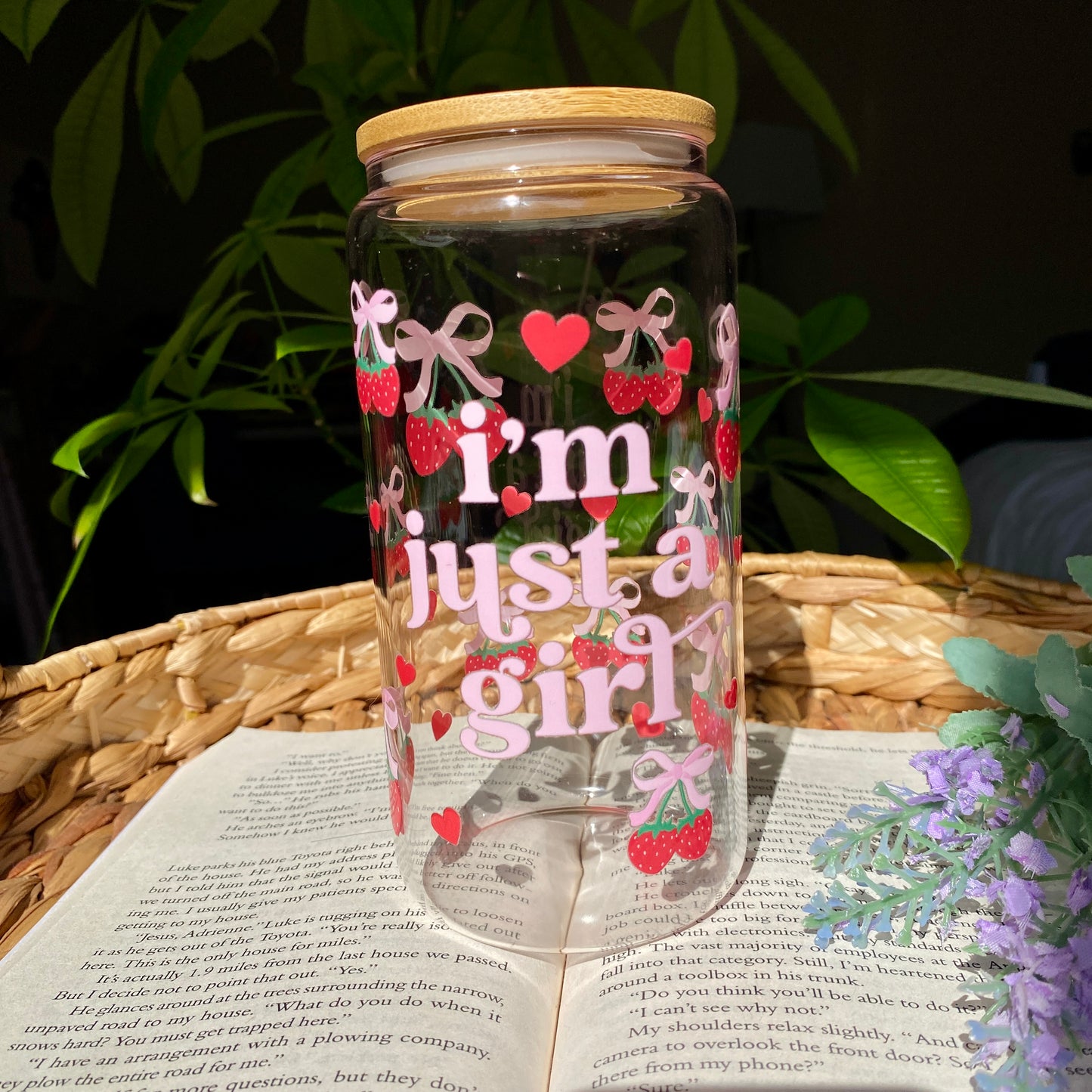 Strawberry I Just A Girl Glass Cup | Handmade | Unique Gift | Iced Coffee | Matcha | Simple