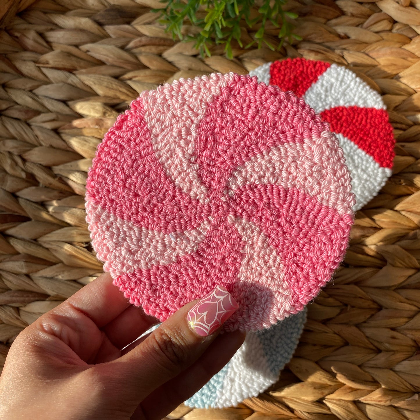 Holiday Christmas Candy | Mug | Handmade punch needle mug rug coaster
