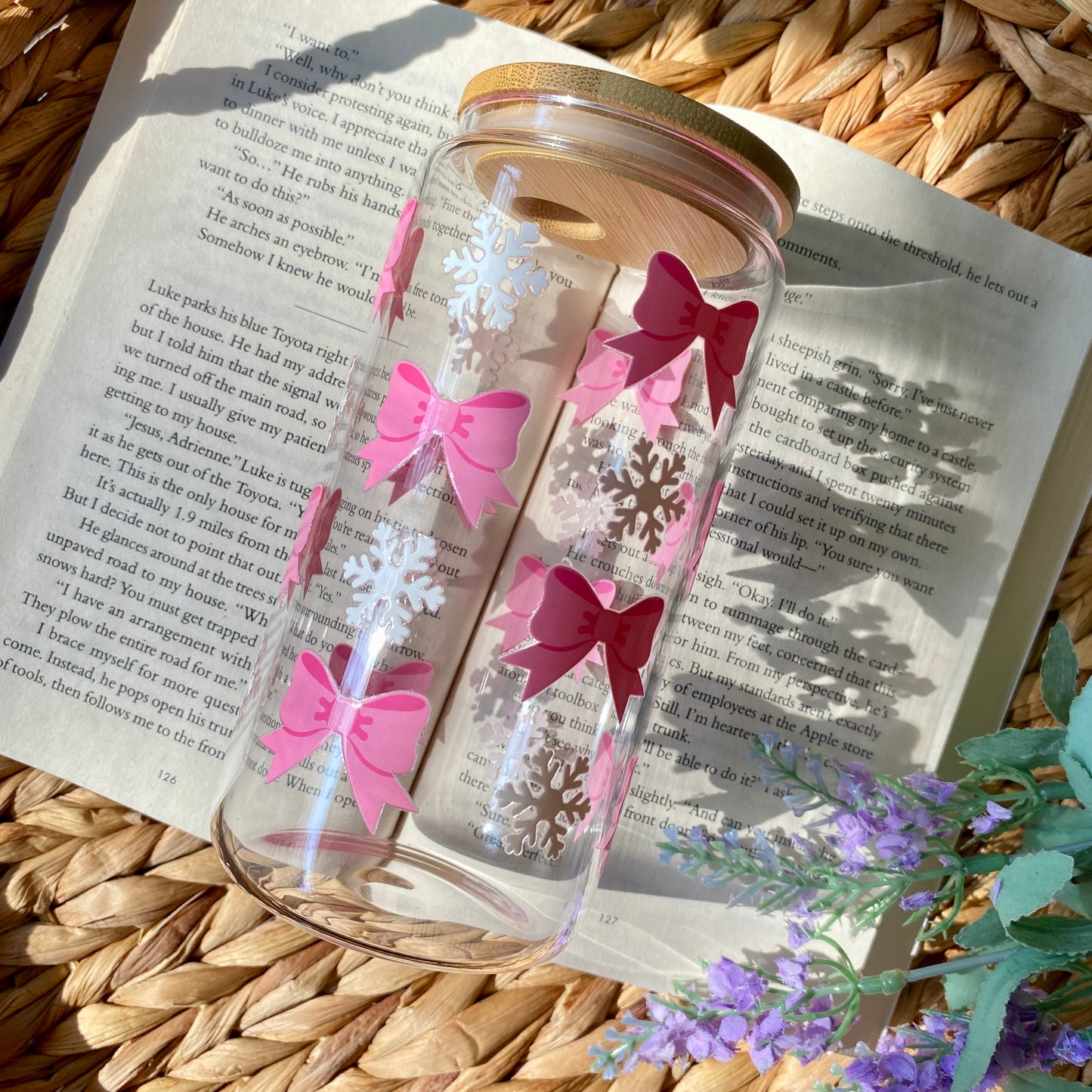 Pink Holiday Christmas Bows Coquette Glass Cup | Handmade | Unique Gift | Iced Coffee | Matcha | Simple