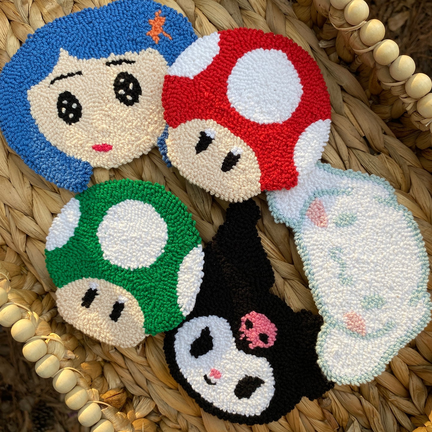 Mario Mushroom | Coraline | Kuromi  | Cinnamonroll | Handmade punch needle mug rug coaster