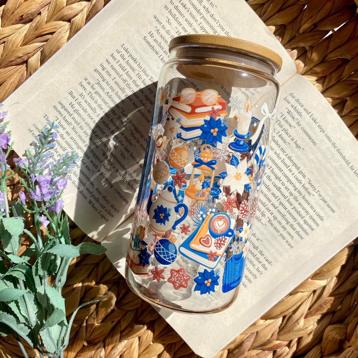 Blue Holiday Christmas Glass Cup | Handmade | Unique Gift | Iced Coffee | Matcha | Simple