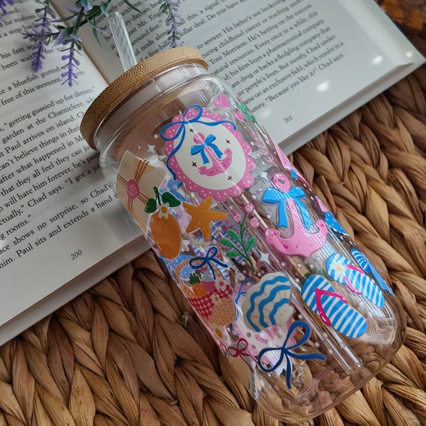 Coastal Pink Coquette Preppy Summer Glass Cup | Handmade | Unique Gift | Iced Coffee | Matcha | Simple