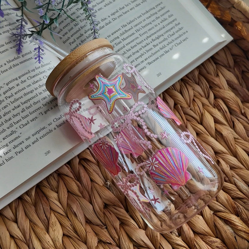 Coastal Pink Coquette Shell Summer Glass Cup | Handmade | Unique Gift | Iced Coffee | Matcha | Simple