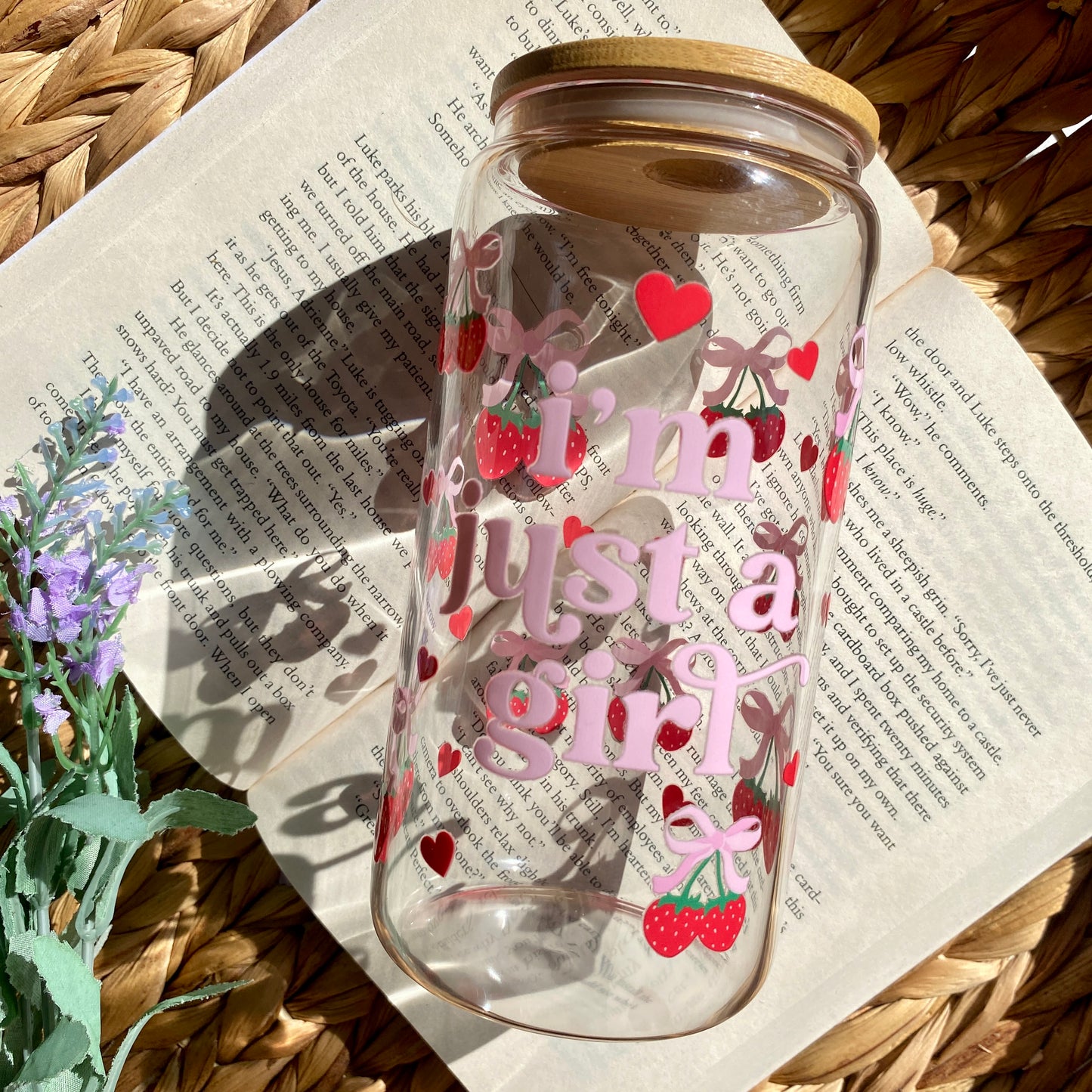 Strawberry I Just A Girl Glass Cup | Handmade | Unique Gift | Iced Coffee | Matcha | Simple