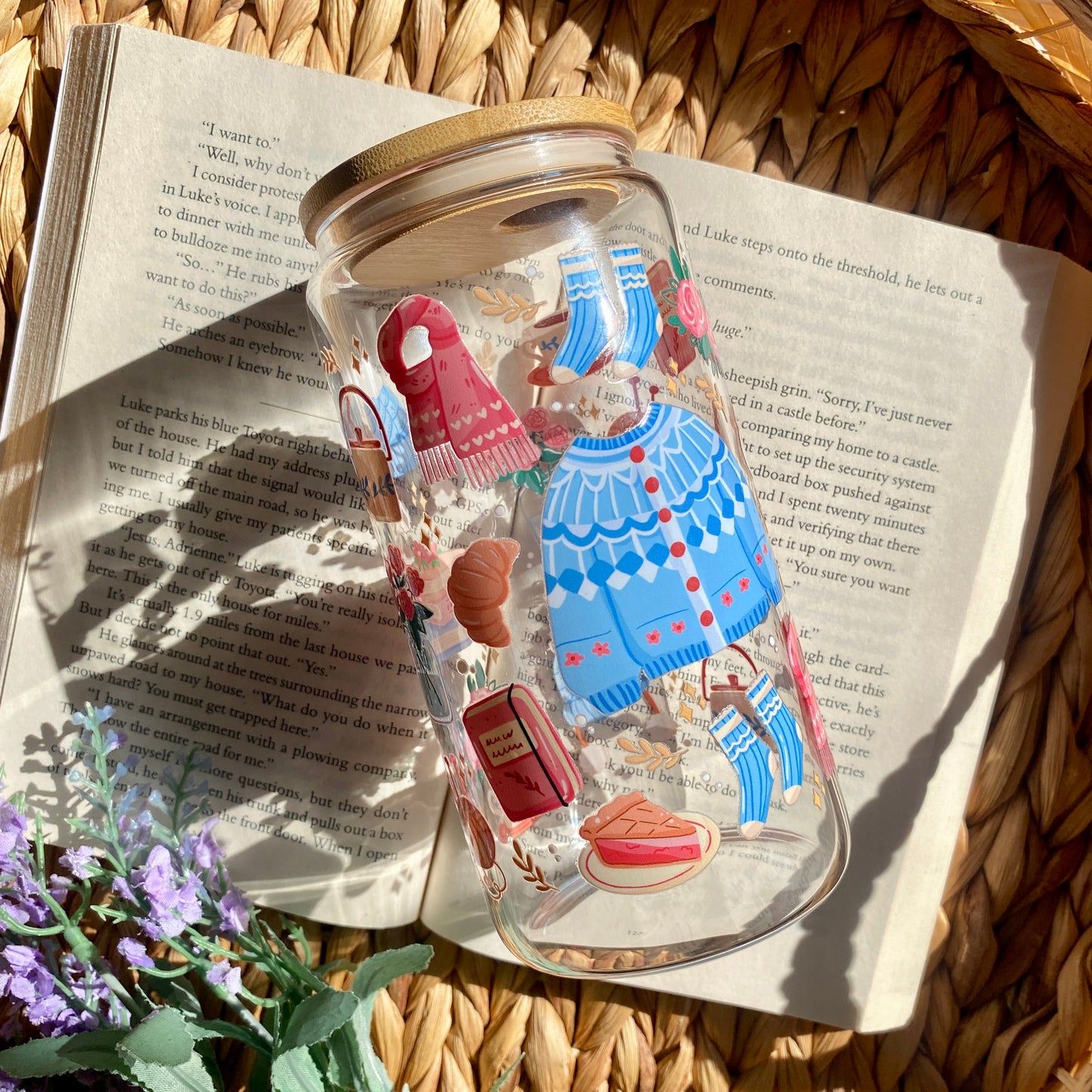 Blue bookish Holiday Christmas Glass Cup | Handmade | Unique Gift | Iced Coffee | Matcha | Simple