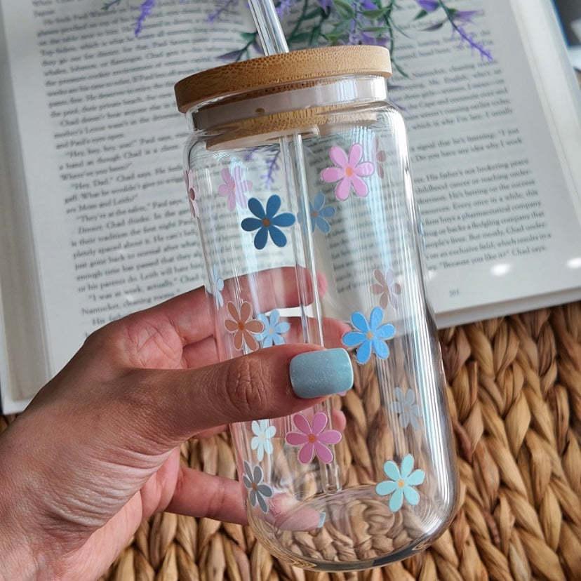 Flowers Daisy Glass Cup | Handmade | Unique Gift | Iced Coffee | Matcha | Simple