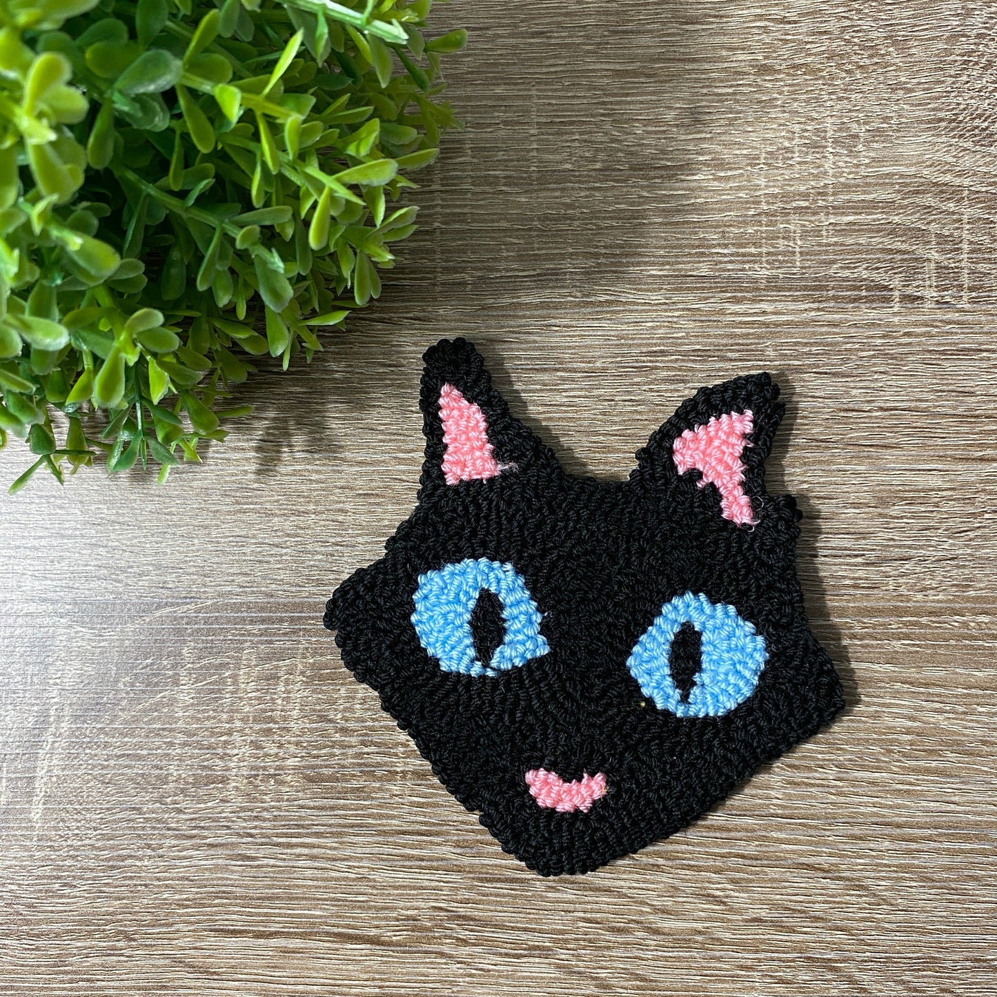 Coraline Wybie Black Cat Button Ghost Eye Handmade Punch Needle coaster mug rug Unique Gift