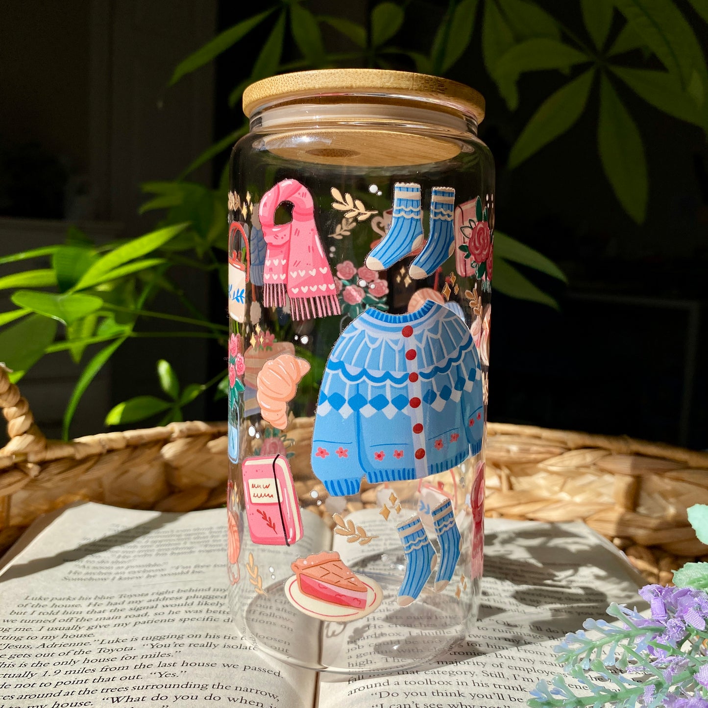 Blue bookish Holiday Christmas Glass Cup | Handmade | Unique Gift | Iced Coffee | Matcha | Simple